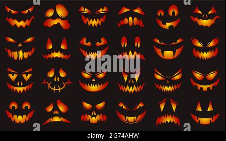 Facce di Halloween spooky. Happy halloween zucche incandescenti volti spaventosi isolato vettore illustrazione insieme. Halloween zucca intagliare volti Illustrazione Vettoriale