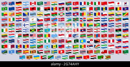 Bandiere d'onda nazionali. Emblemi ondulati dei paesi del mondo, set ufficiale di illustrazioni vettoriali per cartelli con bandiera Canada, Germania, Giappone e Grecia. Bandiera ondulata Illustrazione Vettoriale