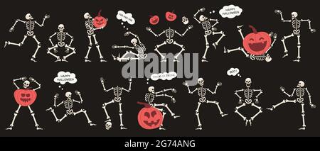 Scheletri di Halloween con zucche. Spooky halloween party scheletri caratteri isolato vettore illustrazione set. Mascotte scheletriche e zucche Illustrazione Vettoriale