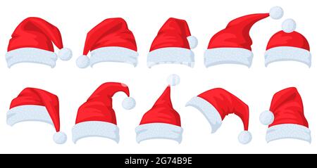 Cappello di Babbo Natale. Cartoon rosso Santa cappelli, xmas mascherata costume elementi vettoriale illustrazione set. Cappelli natalizi Illustrazione Vettoriale