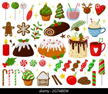 Dolci natalizi. Xmas gingerbread biscotti, lollipop, pasticceria, torte e bevande insieme di illustrazioni vettoriali. Delizie tradizionali Illustrazione Vettoriale