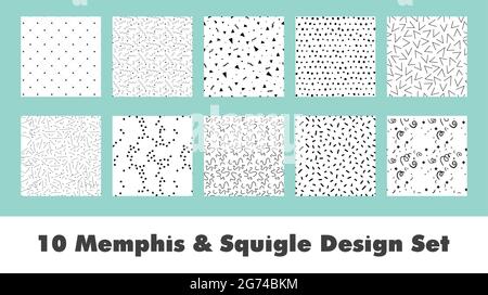 Semplice set di design a forma di squiggle memphis in bianco e nero Illustrazione Vettoriale