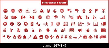 Set di simboli o icone di sicurezza antincendio. Set di icone antincendio. Raccolta di segnali di avvertenza, pericolo, avvisi, set di icone antincendio. Illustrazione Vettoriale