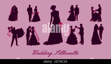 Silhouette nuziali, silhouette di uno sposo e di una sposa. Illustrazione Vettoriale