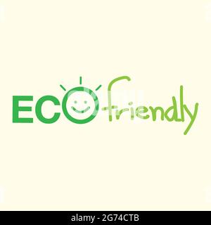 Vector icona eco-friendly con carino cartoon faccia sorridente, utilizzare il carattere formale e la scrittura a mano per la progettazione. Il concetto di un'idea intelligente ecocompatibile. Illustrazione Vettoriale