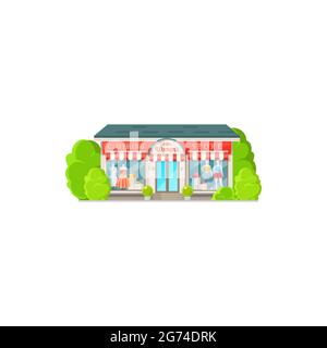 Negozio di abbigliamento donna isolato negozio esterno piano cartone animato design. Vector facciata colorata, showroom di moda o mini store di lusso per acquistare abiti. Illustrazione Vettoriale
