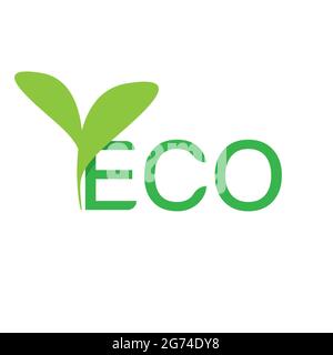Icona ECO con tipo e foglia, semplice disegno grafico, icona ECO vettoriale con foglia, colore piatto. Illustrazione Vettoriale