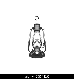Lanterna in cherosene con manico in metallo, icona monocromatica isolata. Vector vecchia lanterna minatori, lampada ad olio retrò. Lampada retro paraffina. Minatori obje Illustrazione Vettoriale