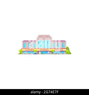 Cinema o cinema teatro edificio piano, marchese vettoriale con ora mostrando segno. Ingresso al cinema o al cinema della città, facciata esterna dell'intrattenimento Illustrazione Vettoriale
