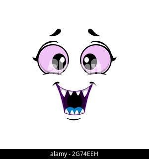 Icona vettoriale isolata del volto del mostro di cartone animato, divertente emoji facciale della creatura di Halloween. Emozione sorriso togoteo con grandi occhi rotondi viola, bocca con acuminata Illustrazione Vettoriale