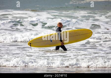 Il surfista australiano di mezza età in muta porta la sua tavola da surf nell'oceano, Sydney, NSW, Australia Foto Stock