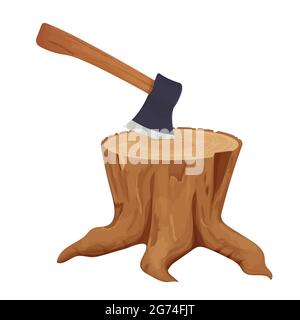 Un grumo di albero con un'ascia bloccata in stile cartone animato isolato su sfondo bianco. Dettagli, testurizzati, a taglio. Foresta, campeggio concetto. Illustrazione vettoriale Illustrazione Vettoriale