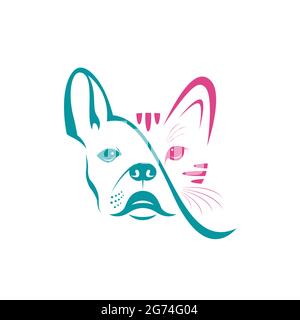 Vettore di cane faccia e gatto faccia disegno su uno sfondo bianco. PET. Animale. Logo o icona cane e gatto. Illustrazione vettoriale a livelli facilmente modificabile. Bulldo Illustrazione Vettoriale