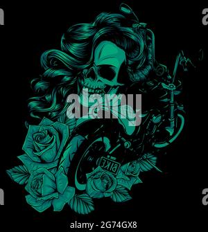 Illustrazione vettoriale Moto con cranio donna e rose Illustrazione Vettoriale