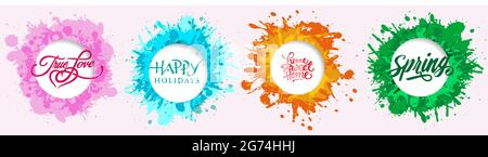 Set 2 di cornici per spruzzi d'acqua di forma rotonda per presentazioni o promozioni. Elemento di disegno grafico del set di cornici acquerelli in rosa, cielo, arancione, colore verde Illustrazione Vettoriale