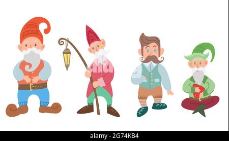 Insieme di vari gnomi isolati dallo sfondo. Personaggio fata di cartoni animati disegnati a mano. Leprechauns e gli abitanti della foresta. Illustrazione piatta del dwa maschio Illustrazione Vettoriale