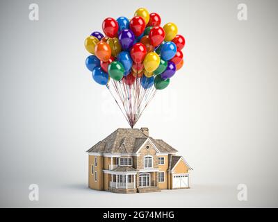 Casa con palloncini mazzo su sfondo bianco. Acquisto di immobili, casa in movimento, riscaldamento domestico e concetto di regalo. illustrazione 3d Foto Stock