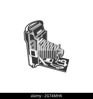Vecchia fotocamera pieghevole, attrezzatura fotografica isolata icona monocromatica. Camma retrò pieghevole vettoriale, simbolo di studio fotografico, camma vintage non piegata Illustrazione Vettoriale