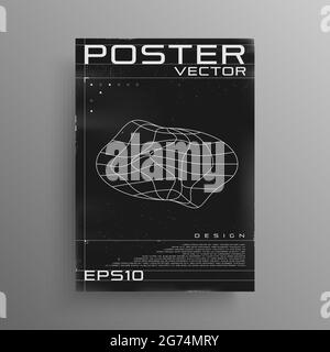 Poster dal design retrovuturistico con pianeta distorto dal liquido ellisse. Poster retro cyberpunk in bianco e nero con elementi HUD. Design della copertura per rave Illustrazione Vettoriale