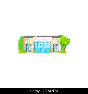 Negozio di abbigliamento donna isolato negozio esterno piano cartone animato design. Vector facciata colorata, showroom di moda o mini store di lusso per acquistare abiti. Illustrazione Vettoriale