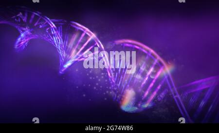 Filamenti di DNA luminosi su sfondo viola scuro, rendering 3D. Foto Stock