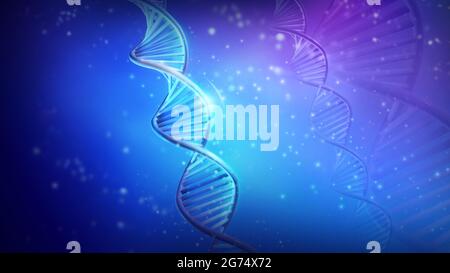 Filamenti di DNA a doppia elica su sfondo blu, rendering 3D. Foto Stock