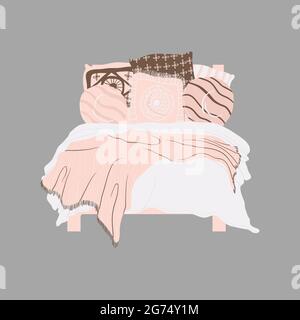 Letto matrimoniale con cuscini decorativi e sbozzati di colore beige. Clip art in stile cartoon. Oggetto singolo isolato su sfondo grigio. Camera da letto accogliente Illustrazione Vettoriale