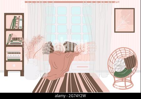 Interni del soggiorno, disegnati a mano in stile scandinavo. Interni domestici con divano, scaffale per libri, sedia in vimini e arredamento in stile piatto cartone animato. Illustrazione Vettoriale