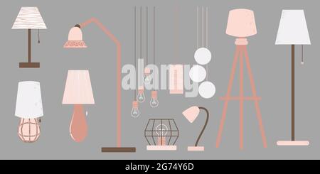 Una collezione di lampade in stile piatto scandinavo. Disegnata a mano varie collezioni di lampade alla moda - arredamento di arredamento per la casa. Isolato su sfondo grigio Illustrazione Vettoriale