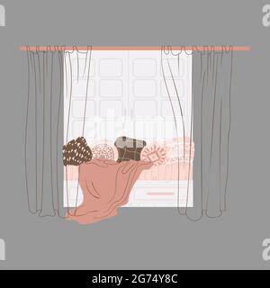 Mobili - divano con cuscini decorativi in colori beige e bianco. Clip art in stile cartoon. Oggetto singolo isolato su sfondo grigio. Accogliente divano f Illustrazione Vettoriale