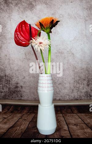 still-life di anthurium, gerbera bianca e giglio di sangue Foto Stock