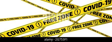 Zona franca COVID-19. I nastri di avvertenza. Molti nastri di avvertimento gialli con testo nero COVID-19 ZONA LIBERA. Isolato. Illustrazione 3D Foto Stock