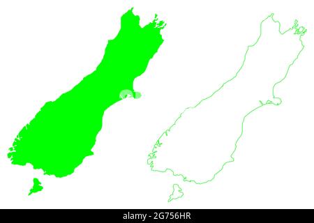 Mappa dell'isola del Sud (Nuova Zelanda) illustrazione vettoriale, schizzo della mappa te Waipounamu Illustrazione Vettoriale