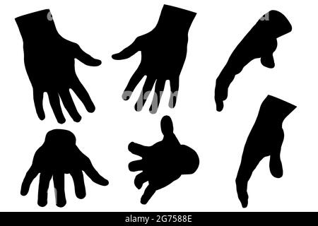 Con silhouette di mani umane in varie posizioni isolate su sfondo bianco. Illustrazione vettoriale. Illustrazione Vettoriale