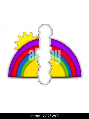 La lettera i, nel set di alphaet Rainbow, ha la forma di una nuvola soffusiva. Lettera colorata sul dorso dell'arcobaleno con sole giallo che si illumina da dietro. Foto Stock