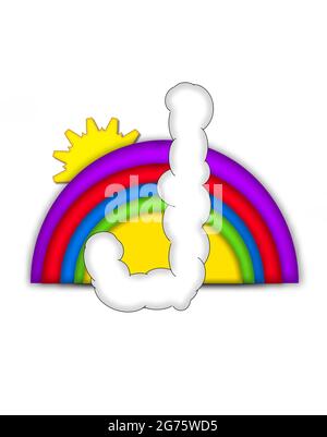 La lettera J, nel set di alphaet Rainbow, ha la forma di una nube soffice. Lettera colorata sul dorso dell'arcobaleno con sole giallo che si illumina da dietro. Foto Stock