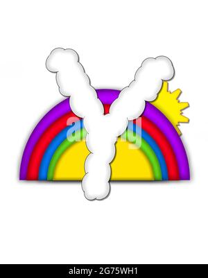 La lettera Y, nell'insieme di alphaet Rainbow, ha la forma di una nube soffice. Lettera colorata sul dorso dell'arcobaleno con sole giallo che si illumina da dietro. Foto Stock