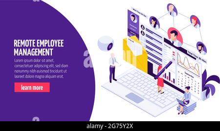 Dipendenti che lavorano in remoto, gestione isometrica della composizione delle pagine Web con risultati dell'avanzamento dell'ora della telecamera, monitoraggio di immagini vettoriali del software Illustrazione Vettoriale