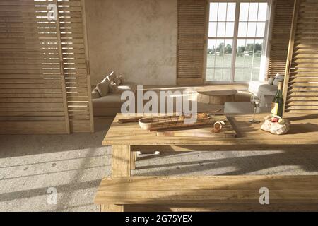 Stile casale scandinavo. Interno soggiorno e cucina in legno beige. Tavolo da pranzo con cibo. illustrazione del rendering 3d. Foto Stock