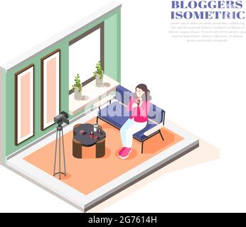 Composizione isometrica con beauty blogger donna registrazione video a casa illustrazione vettoriale 3d Illustrazione Vettoriale