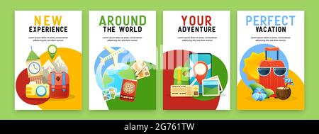 Poster di viaggio insieme con informazioni su crociere mondo famosi punti di riferimento prenotazione online estate vacanza illustrazione vettore Illustrazione Vettoriale
