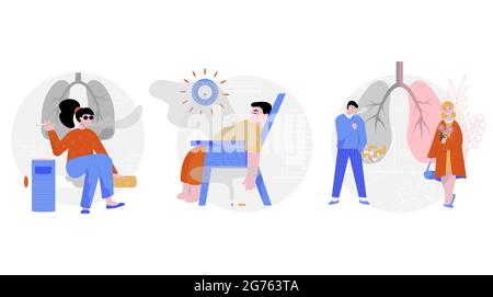 Set di sigarette fumanti di tre composizioni rotonde isolate con caratteri piatti di fumatori in varie situazioni illustrazione vettoriale Illustrazione Vettoriale