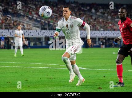 10 luglio 2021: Messico in avanti Rogelio Funes Mori (11) durante una partita della CONCACAF Gold Cup tra il Messico e Trinidad & Tobago allo stadio AT&T di Arlington, Texas Messico e Trinidad & Tobago legati 0-0 Albert pena/CSM Foto Stock