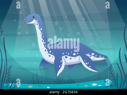 Composizione cartoon dinosauri con paesaggi sottomarini raggi di bolle di luce solare e carattere di illustrazione vettoriale oceanofilo a forma di dinosauro Illustrazione Vettoriale