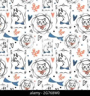 Gatti, retrò fotogrammi vettoriali senza cuciture modello. Fumetto illustrazione disegnata a mano, noodle nero contorno inchiostro stile linea. Animali divertenti volti animali, rosa Illustrazione Vettoriale