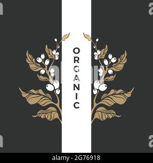 Simbolo organico. Vettore Golden ramo di caffè albero, fagioli, grano, bacche. Arte natura design su sfondo nero. Prodotto premium, carta di lusso, bio-fram Illustrazione Vettoriale