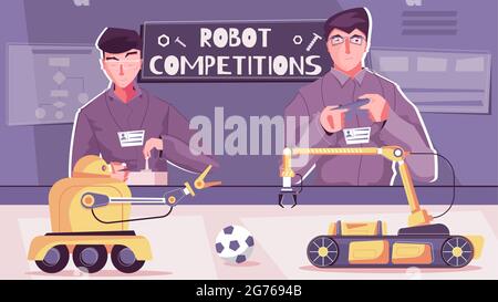 Robot competizione composizione piatta con personaggi di scienziati studenti che controllano i loro robot manipolatori di veicoli che giocano il vettore di calcio Illustra Illustrazione Vettoriale