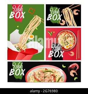 Tagliatelle cinesi 4 poster pubblicitari realistici Banners set con piatti wok STIR fry illustrazione vettoriale Illustrazione Vettoriale