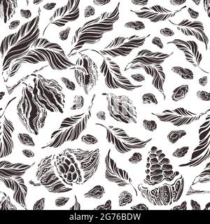 Motivo senza cuciture Cocoa. Incisione vettoriale di rami, fagioli, frutti tropicali, foglie, torba, vecchia foresta. Stampa grafica monocromatica. Texture vintage al cioccolato Illustrazione Vettoriale