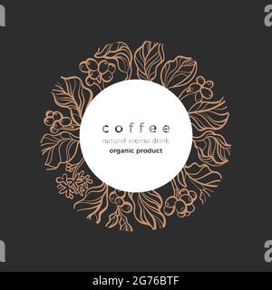 Pianta del caffè. Simbolo vettoriale in cerchio. Albero botanico, ramo, fiore, fagiolo, piantagione di bacche. Illustrazione disegnata a mano. Sfondo floreale vintage. Illustrazione Vettoriale